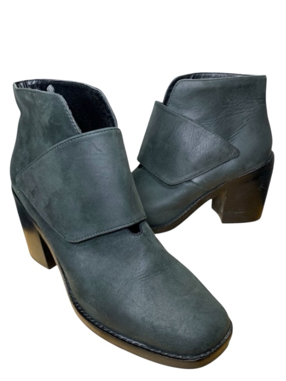 Shellys London Leather Ankle Boot Sz 9 Charcoal Gray Block Heel Booties